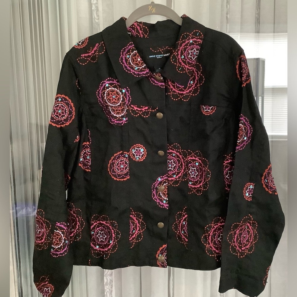 Saint Tropez West Women's Plus Floral Embroidered Sequin Linen Jacket